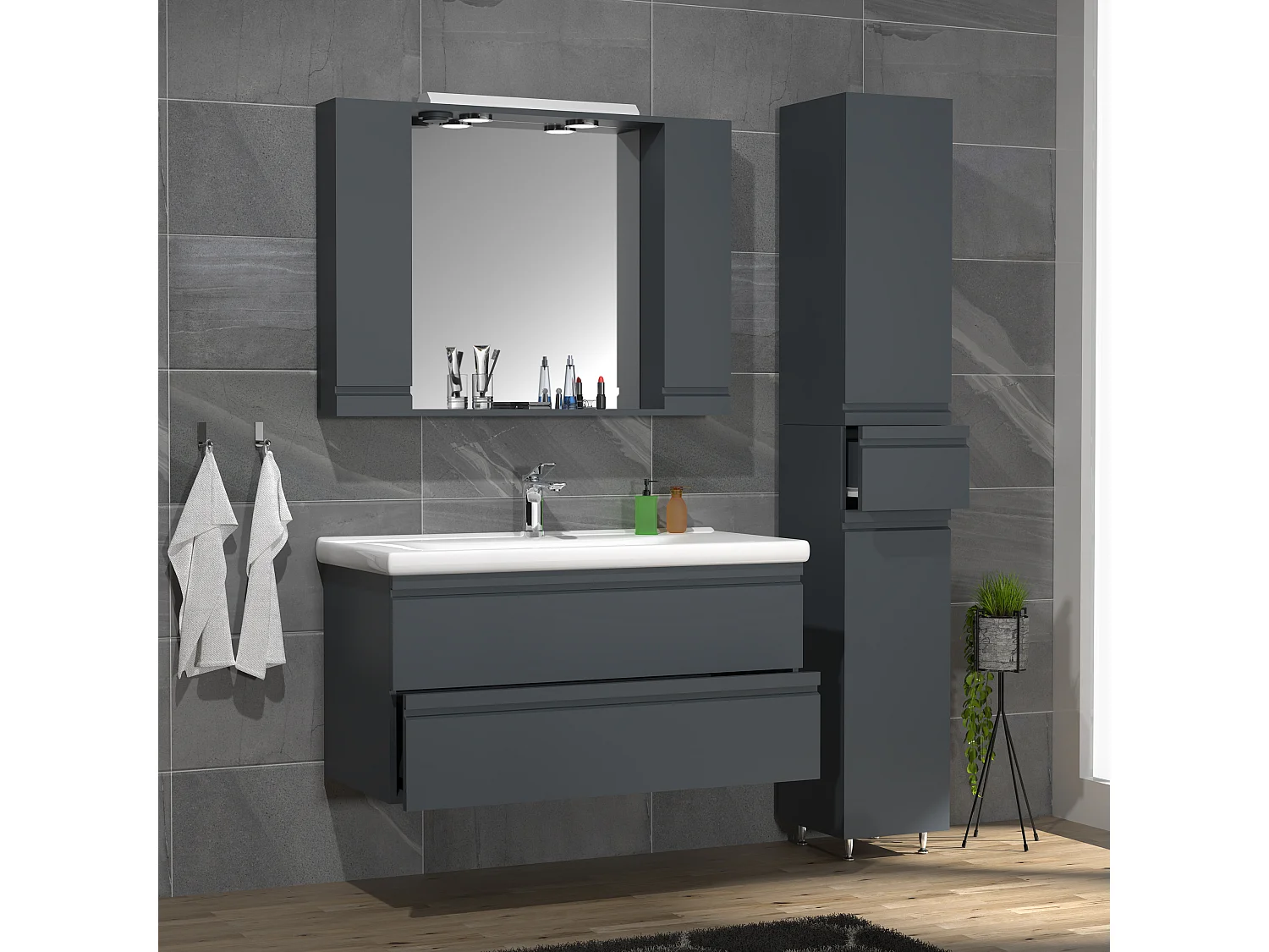 VCM 4 pcs Lavatório 100 cm mobília do banheiro conjunto lavatório handleable gaveta armário de espelho armário alto Silora XL (anthracite)