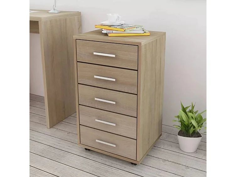 Meuble de rangement 5 tiroirs chêne foncé Kapci