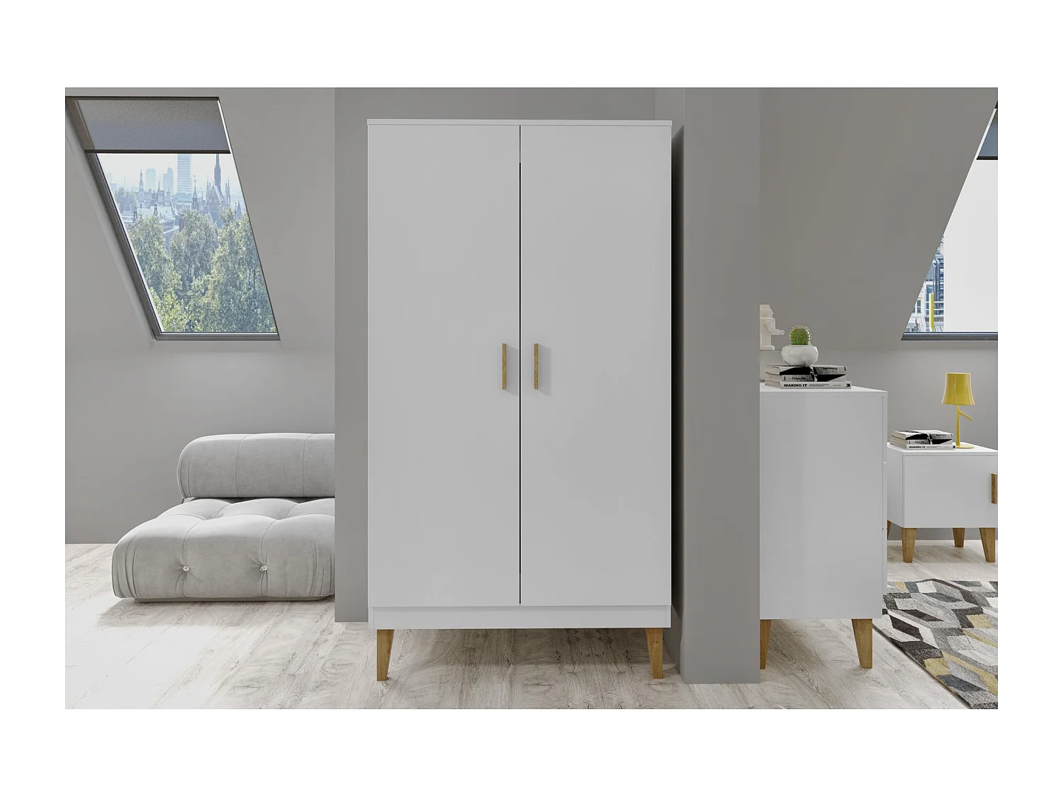 Armoire 2 Portes blanche et pieds en bois de chêne Blanka