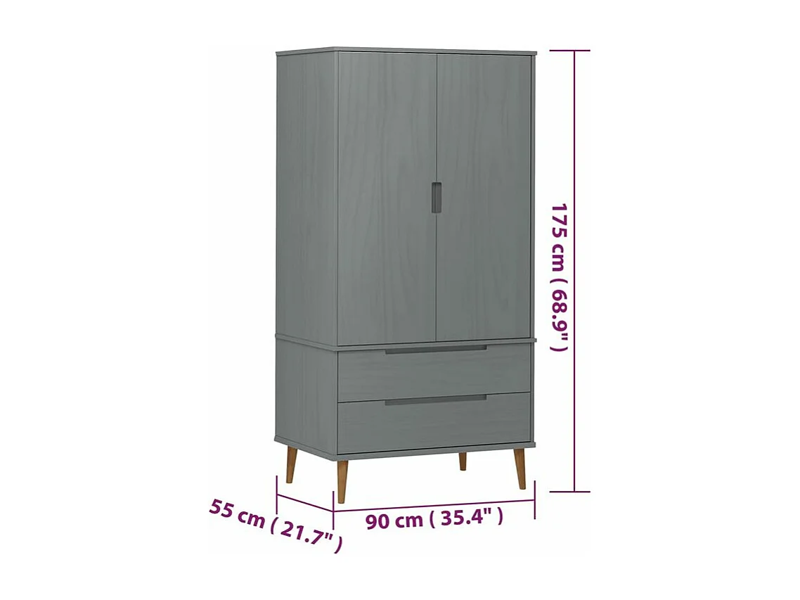 Garde-robe MOLDE Gris 90x55x175 Bois massif de pin