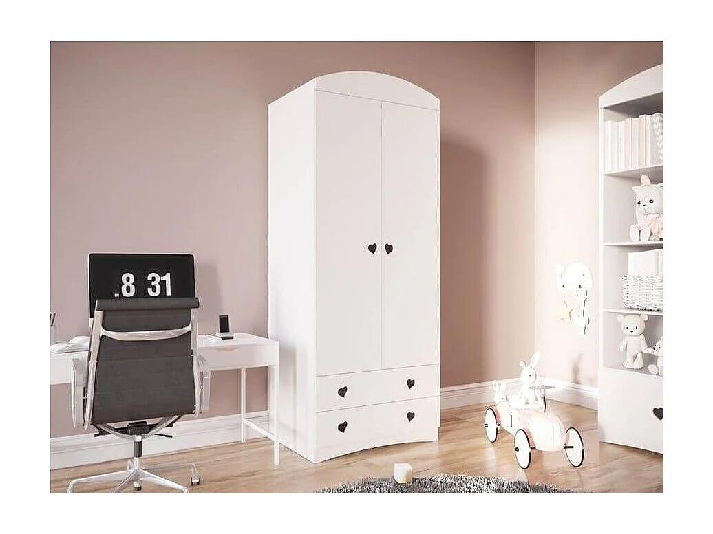 Armoire enfant blanche 2 portes et 2 tiroirs orné de cœurs Myra