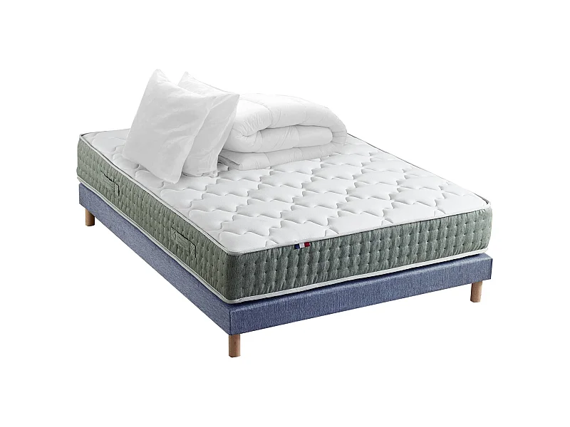 Ensemble matelas Ressort 7 zones HYGGE + Sommier + couette + oreillers Fabriqué en France Dimensions - 160 x 200 cm, Sommier - Bleu denim