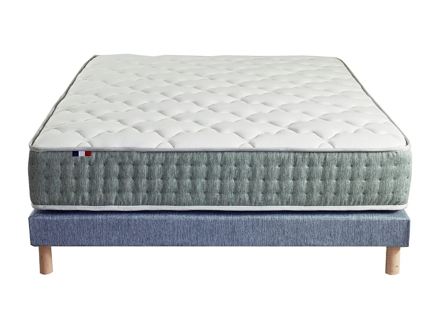 Ensemble matelas Ressort 7 zones HYGGE + Sommier + couette + oreillers Fabriqué en France Dimensions - 160 x 200 cm, Sommier - Bleu denim