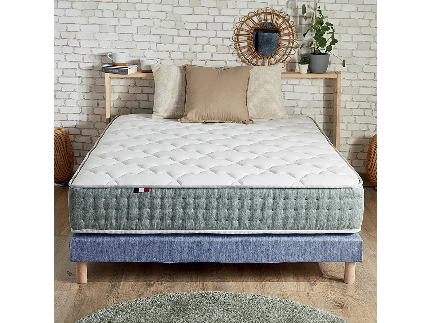 Ensemble matelas Ressort 7 zones HYGGE + Sommier + couette + oreillers Fabriqué en France Dimensions - 160 x 200 cm, Sommier - Bleu denim