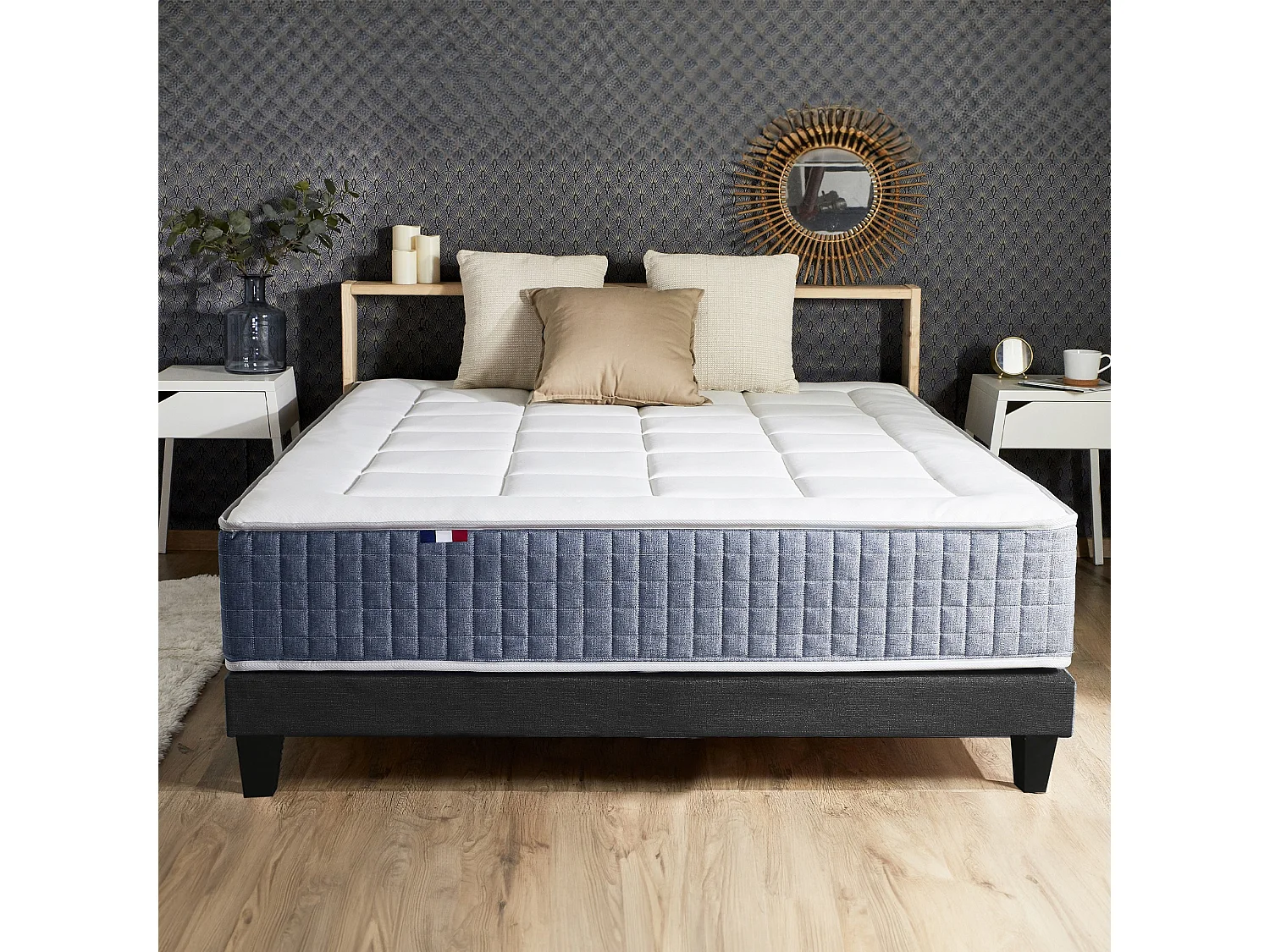 Ensemble Matelas Ressort 7 zones + Mémoire de forme + Sommier KING STYLE + couette + oreillers - Fabriqué en France Dimensions - 160 x 200 cm, Sommier - Noir