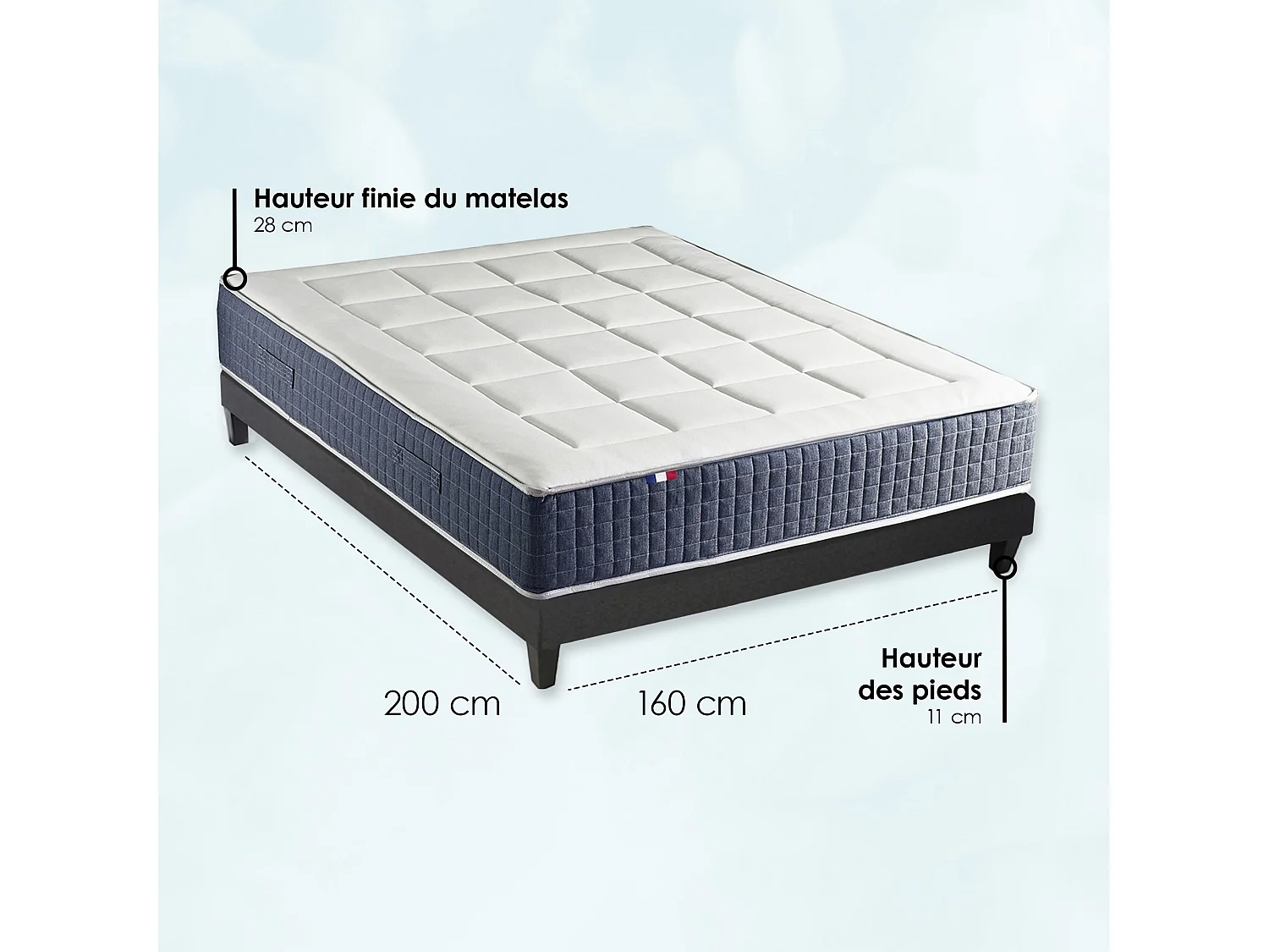 Ensemble Matelas Ressort 7 zones + Mémoire de forme + Sommier KING STYLE + couette + oreillers - Fabriqué en France Dimensions - 160 x 200 cm, Sommier - Noir