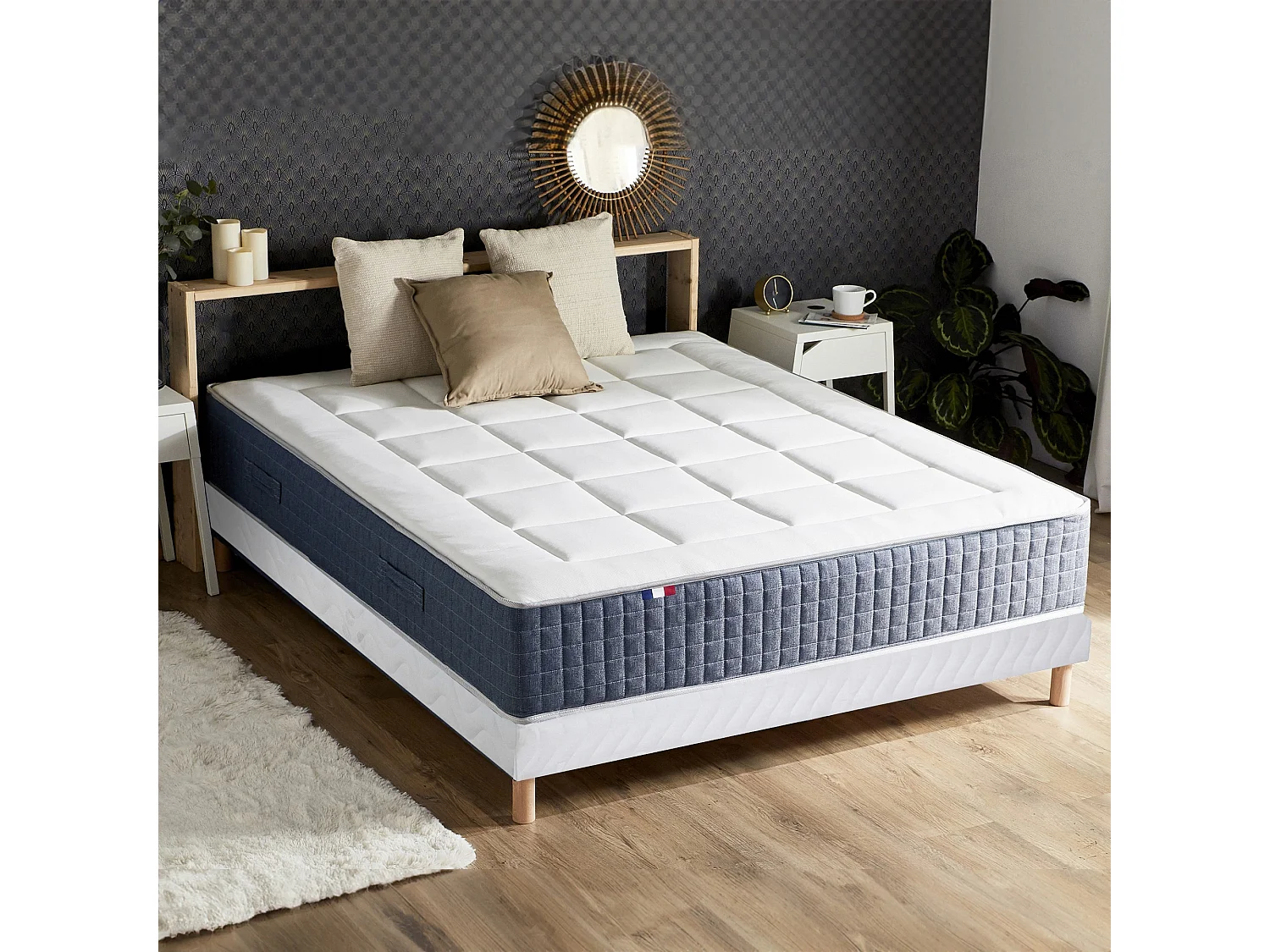 Ensemble Matelas Ressort 7 zones + Mémoire de forme + Sommier KING STYLE + couette + oreillers - Fabriqué en France Dimensions - 160 x 200 cm, Sommier - Blanc