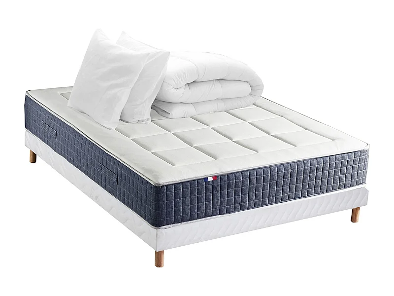 Ensemble Matelas Ressort 7 zones + Mémoire de forme + Sommier KING STYLE + couette + oreillers - Fabriqué en France Dimensions - 160 x 200 cm, Sommier - Blanc
