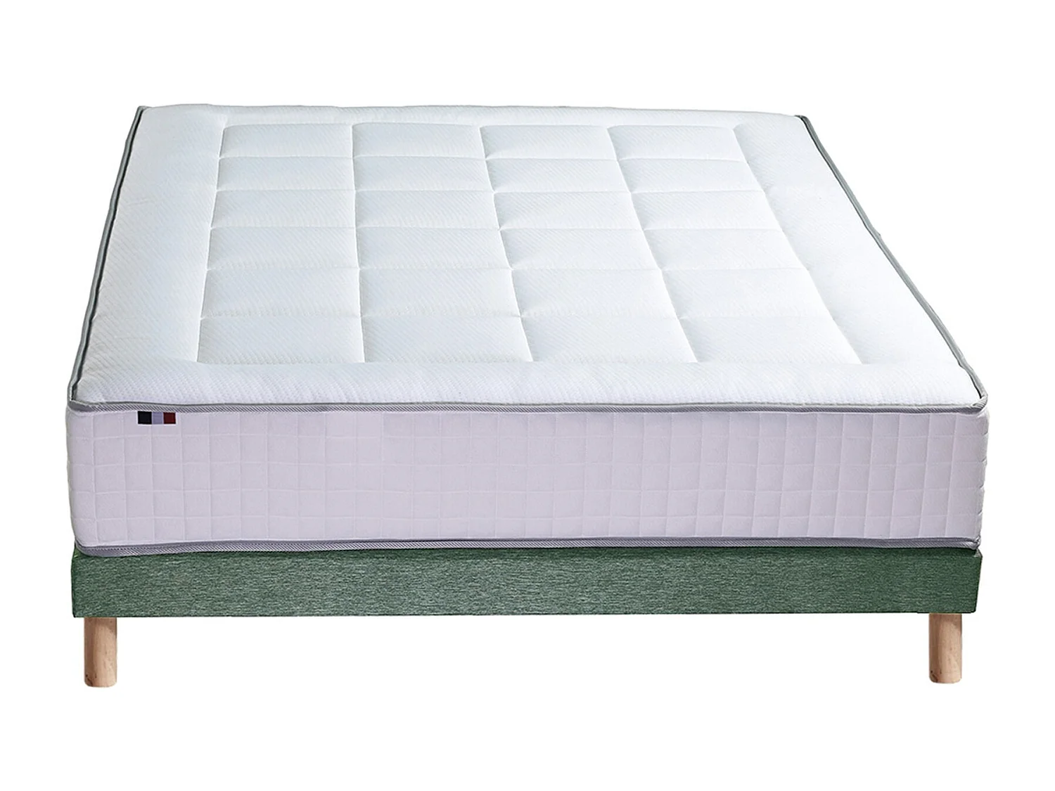 Ensemble matelas Ressort 7 zones + sommier + oreiller + couette - FABRICATION FRANCAISE Dimensions - 160 x 200 cm, Sommier - Vert celadon