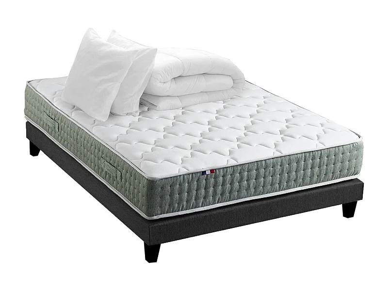 Ensemble matelas Ressort 7 zones HYGGE + Sommier + couette + oreillers Fabriqué en France Dimensions - 160 x 200 cm, Sommier - Noir