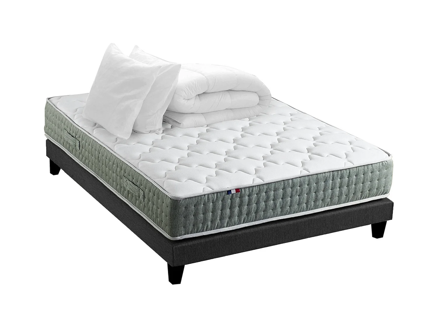 Ensemble matelas Ressort 7 zones HYGGE + Sommier + couette + oreillers Fabriqué en France Dimensions - 160 x 200 cm, Sommier - Noir