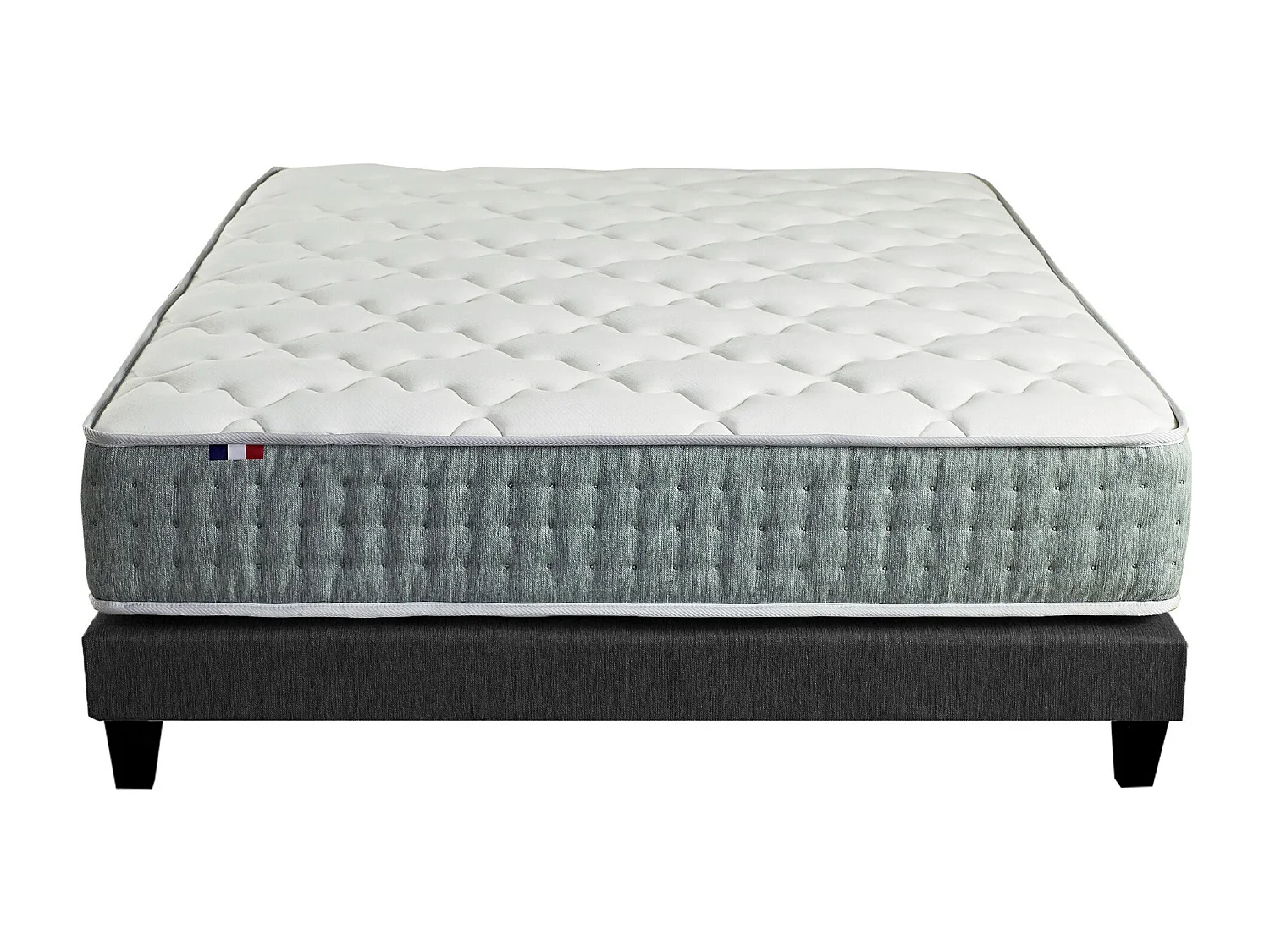 Ensemble matelas Ressort 7 zones HYGGE + Sommier + couette + oreillers Fabriqué en France Dimensions - 160 x 200 cm, Sommier - Noir