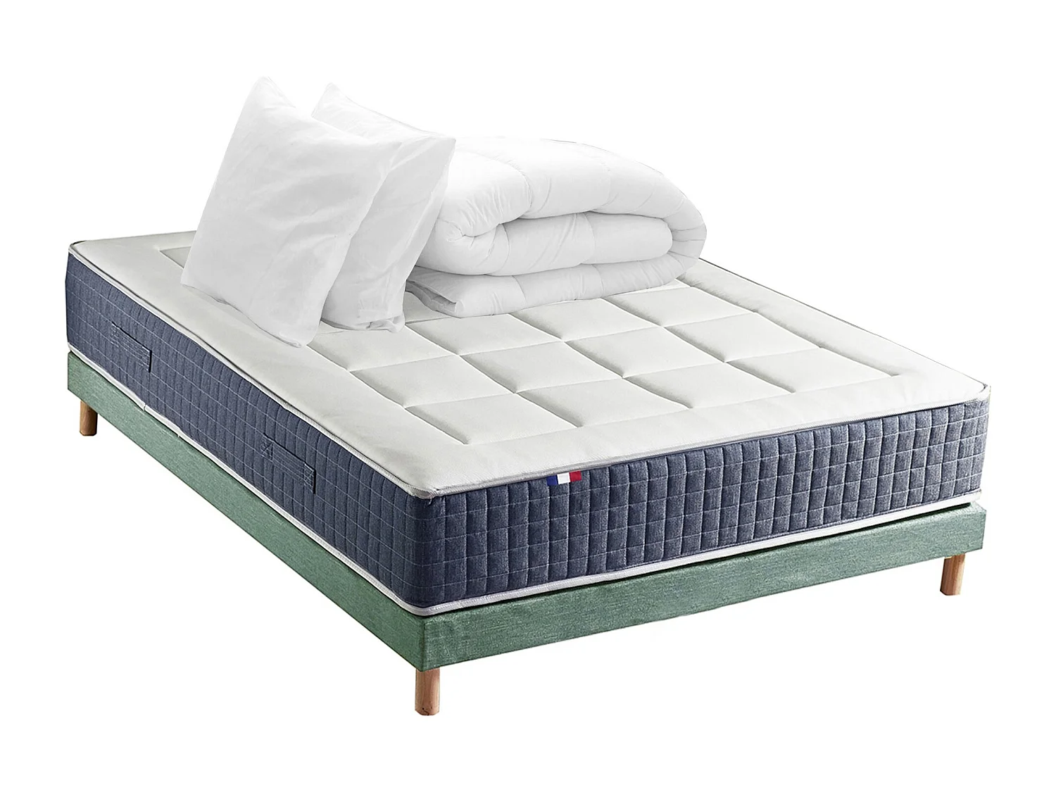 Ensemble Matelas Ressort 7 zones + Mémoire de forme + Sommier KING STYLE + couette + oreillers - Fabriqué en France Dimensions - 160 x 200 cm, Sommier - Vert celadon