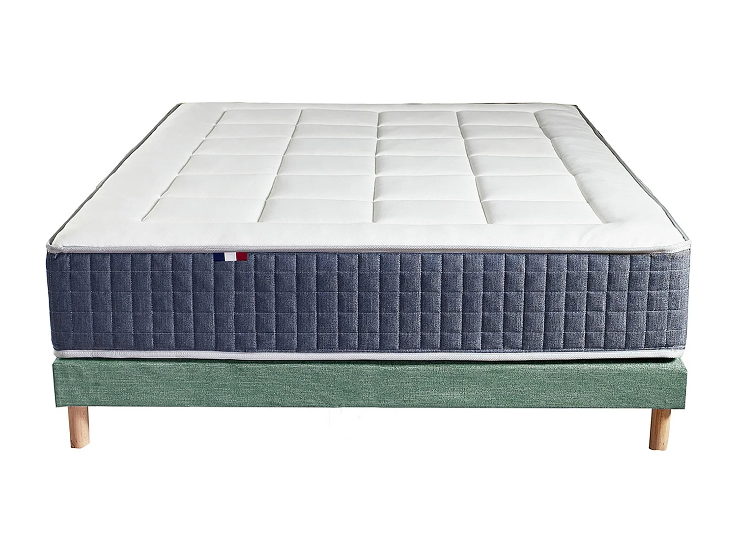 Ensemble Matelas Ressort 7 zones + Mémoire de forme + Sommier Vert celadon KING STYLE + couette + oreillers - Fabriqué en France 160 x 200 cm