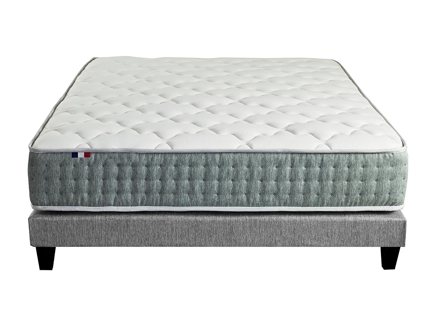Ensemble matelas Ressort 7 zones HYGGE + Sommier + couette + oreillers Fabriqué en France Dimensions - 160 x 200 cm, Sommier - Gris chiné