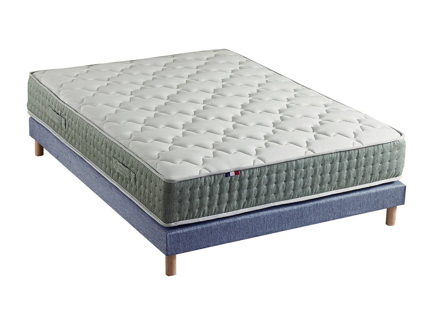 Ensemble + matelas Ressort 7 zones Face Hiver/Eté différente HYGGE Fabriqué en France Dimensions - 160 x 200 cm, Sommier - Bleu denim