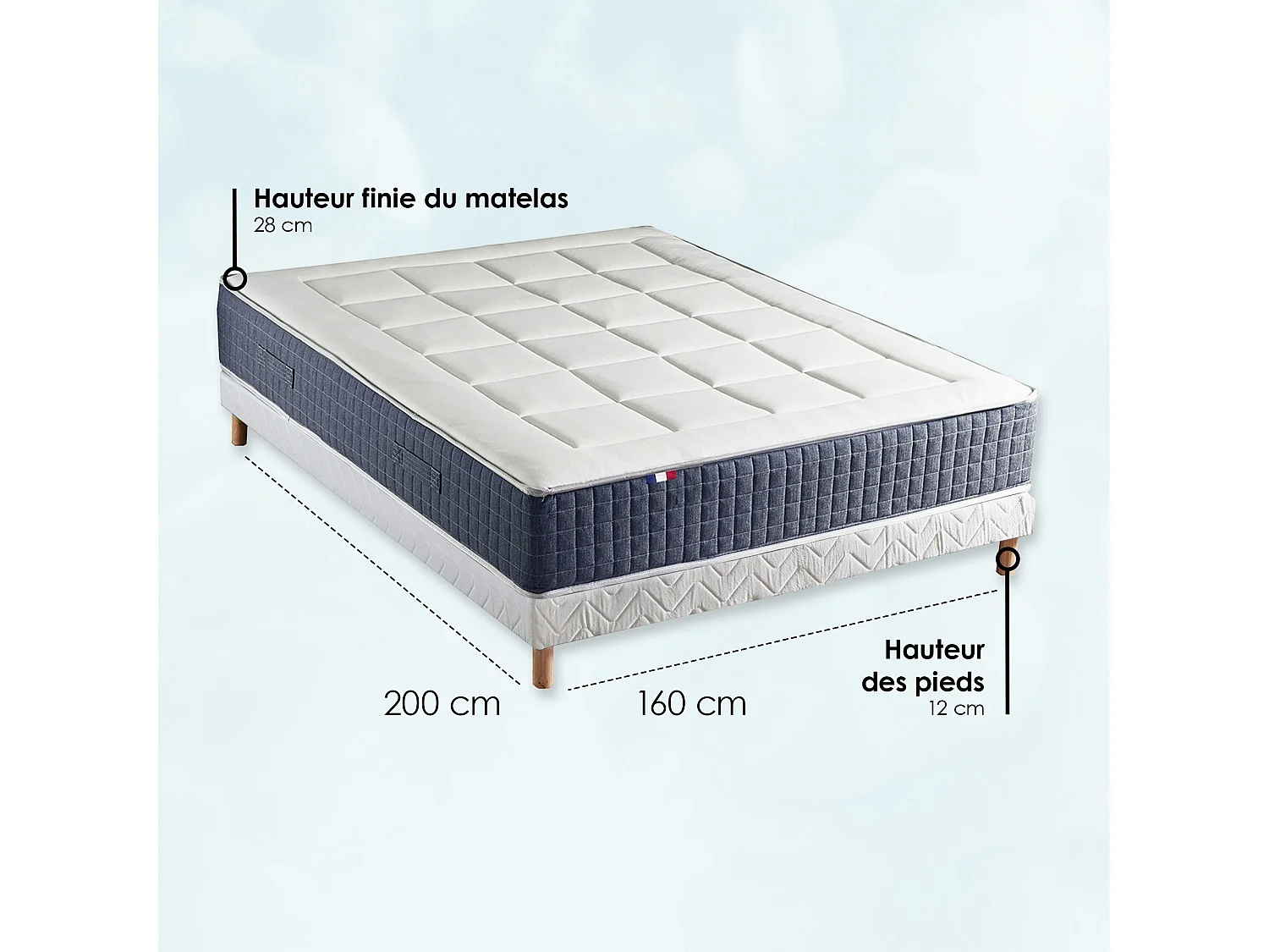 Ensemble Matelas Ressort 7 zones + Mémoire de forme + Sommier KING STYLE Fabriqué en France Dimensions - 160 x 200 cm, Sommier - Blanc