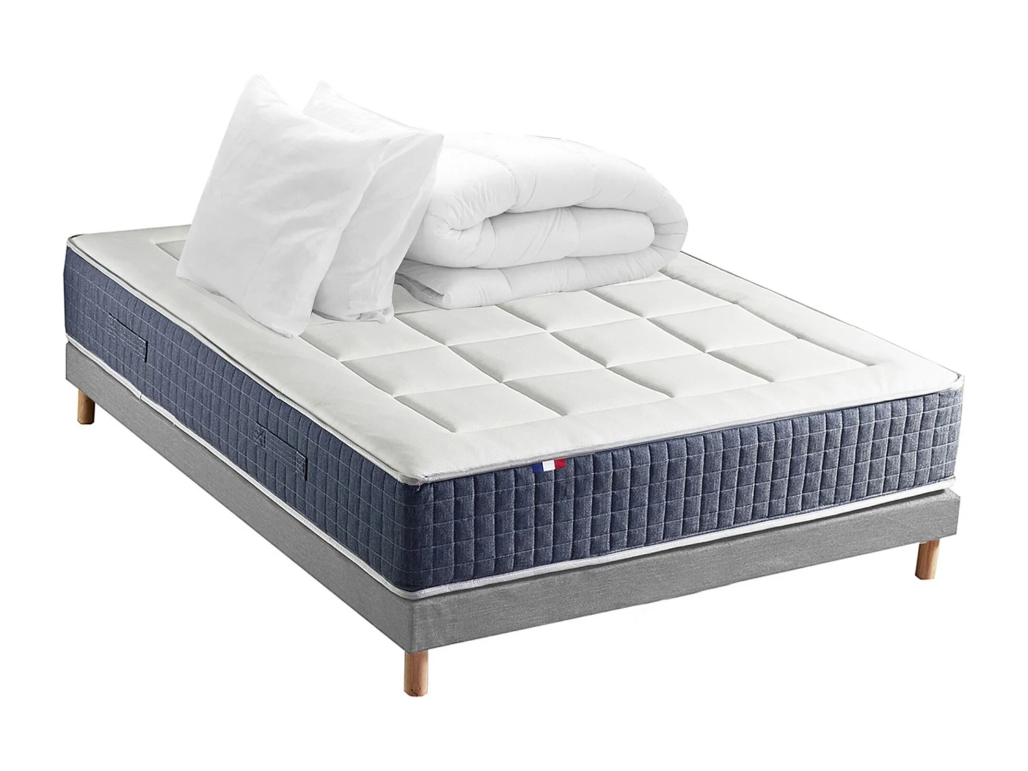 Ensemble Matelas Ressort 7 zones + Mémoire de forme + Sommier KING STYLE + couette + oreillers - Fabriqué en France Dimensions - 160 x 200 cm, Sommier - Gris chiné