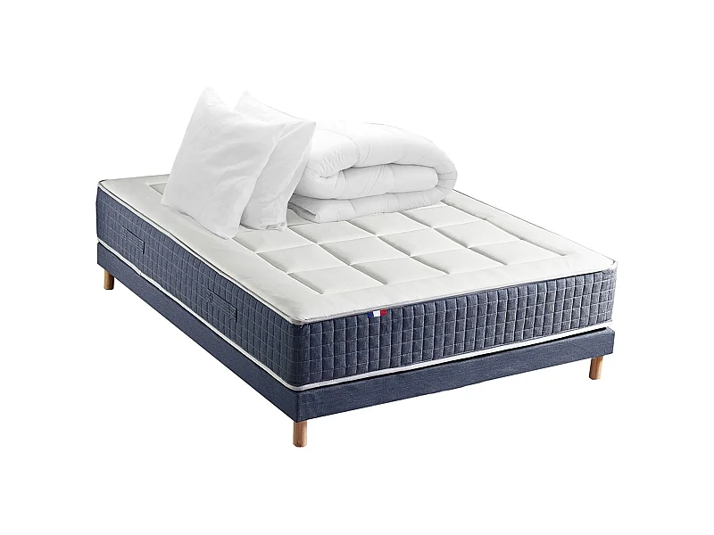 Ensemble Matelas Ressort 7 zones + Mémoire de forme + Sommier KING STYLE + couette + oreillers - Fabriqué en France Dimensions - 160 x 200 cm