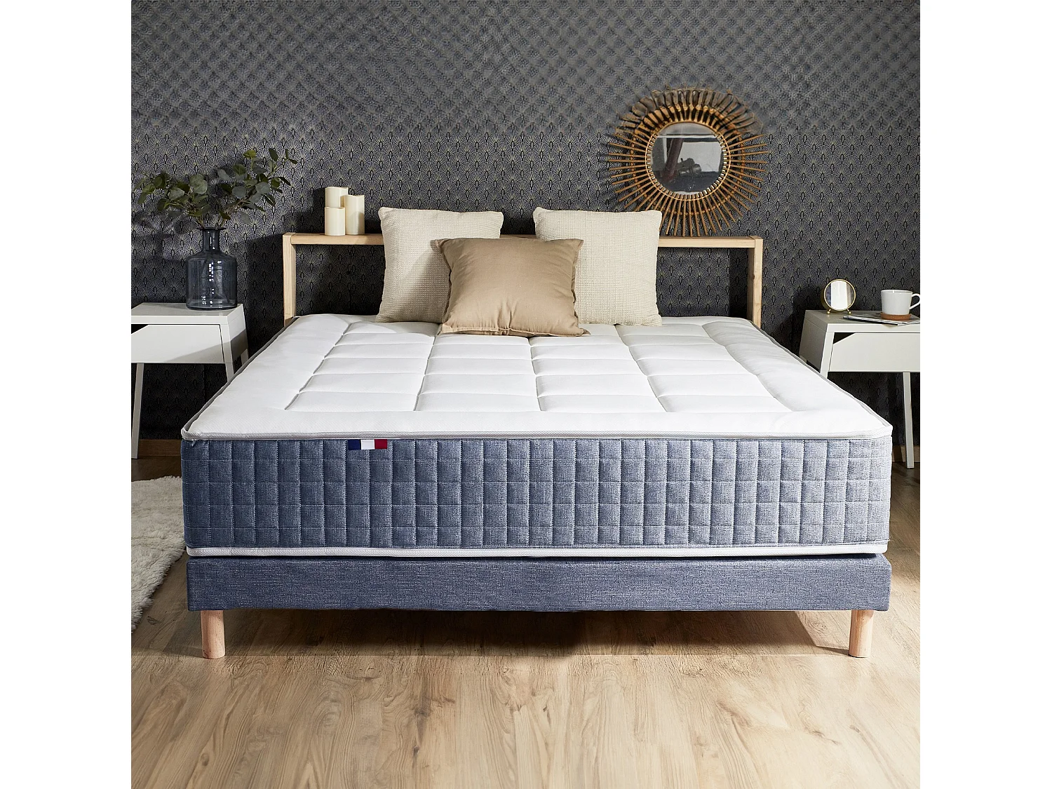 Ensemble Matelas Ressort 7 zones + Mémoire de forme + Sommier KING STYLE + couette + oreillers - Fabriqué en France Dimensions - 160 x 200 cm
