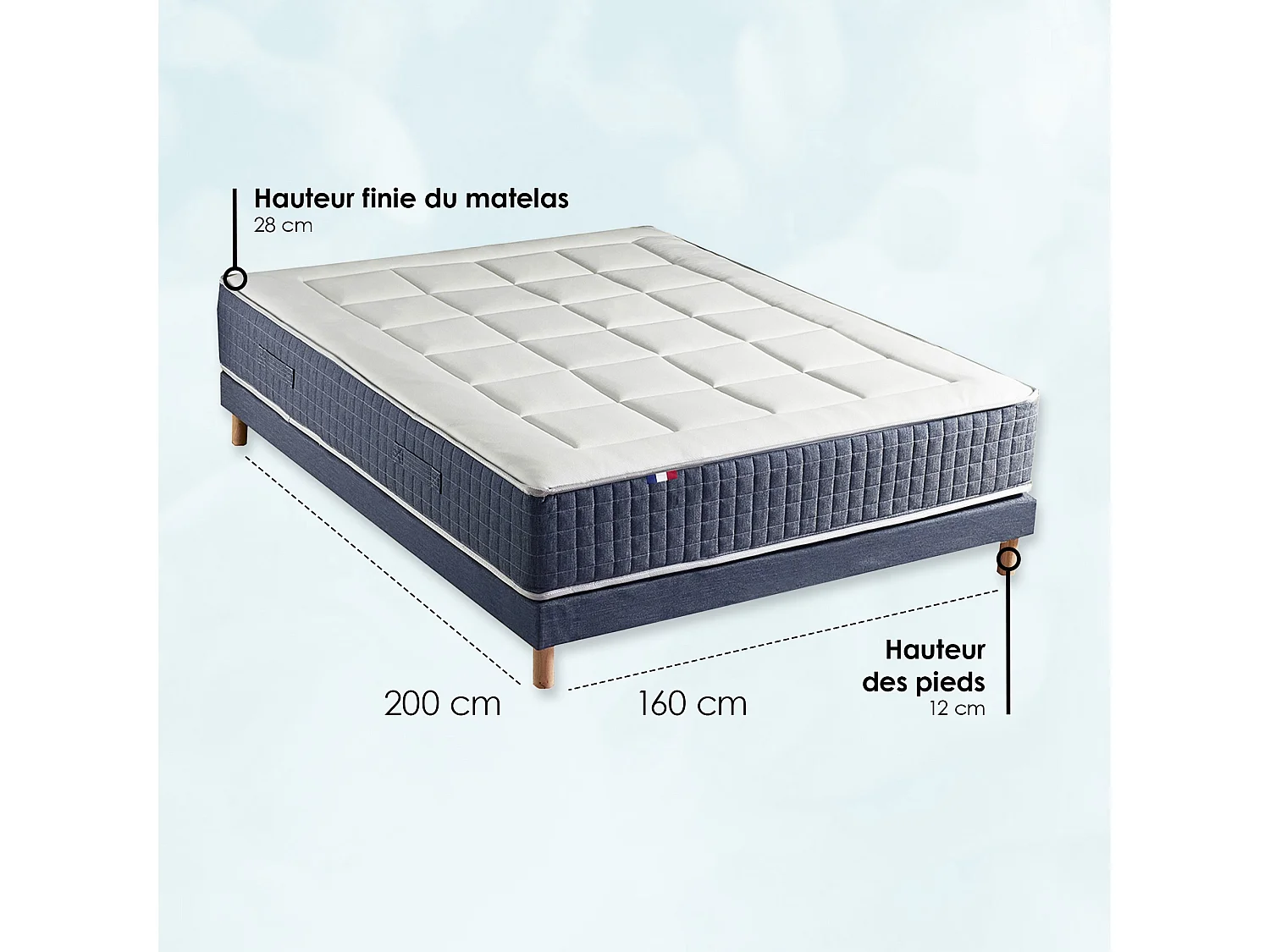 Ensemble Matelas Ressort 7 zones + Mémoire de forme + Sommier KING STYLE + couette + oreillers - Fabriqué en France Dimensions - 160 x 200 cm