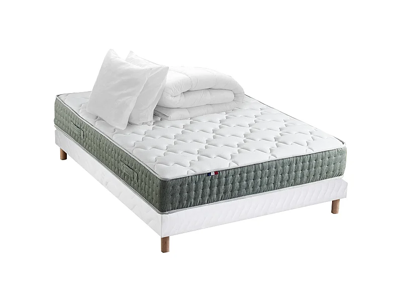 Ensemble matelas Ressort 7 zones HYGGE + Sommier + couette + oreillers Fabriqué en France Dimensions - 160 x 200 cm, Sommier - Blanc