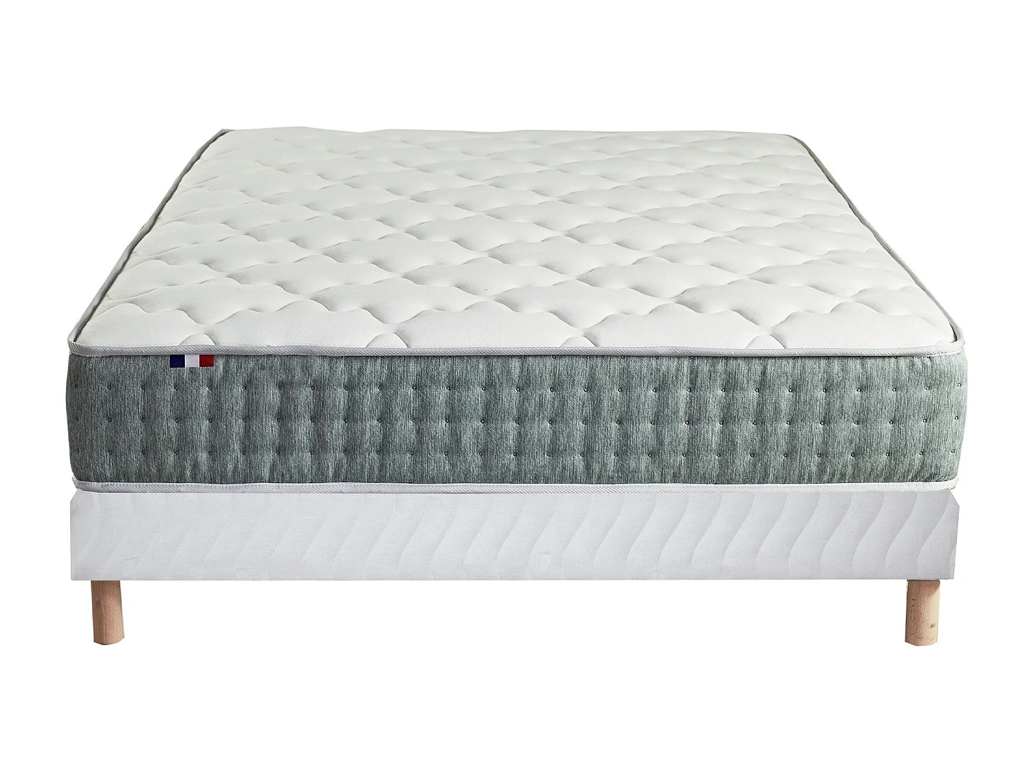 Ensemble matelas Ressort 7 zones HYGGE + Sommier + couette + oreillers Fabriqué en France Dimensions - 160 x 200 cm, Sommier - Blanc
