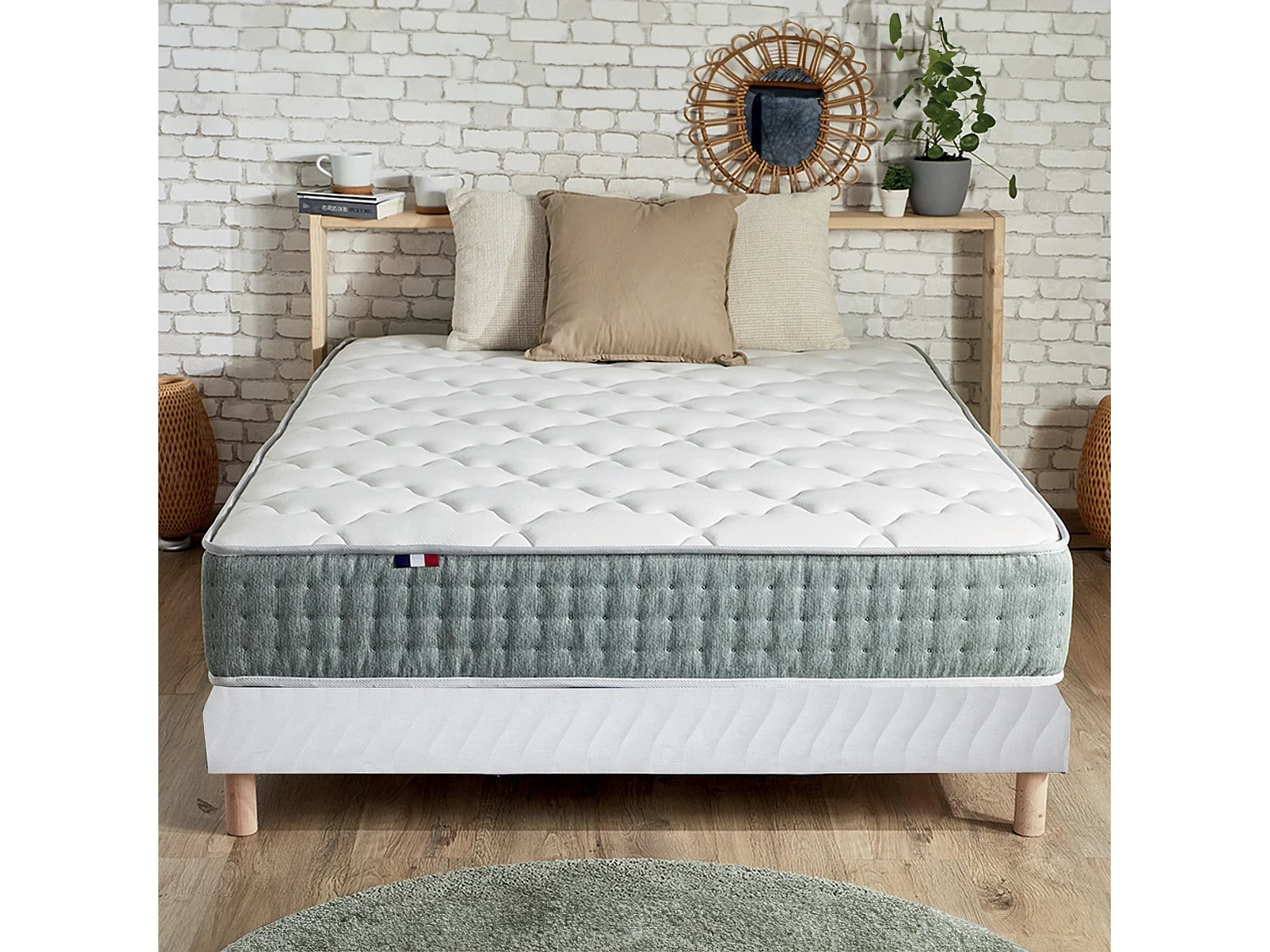 Ensemble matelas Ressort 7 zones HYGGE + Sommier + couette + oreillers Fabriqué en France Dimensions - 160 x 200 cm, Sommier - Blanc