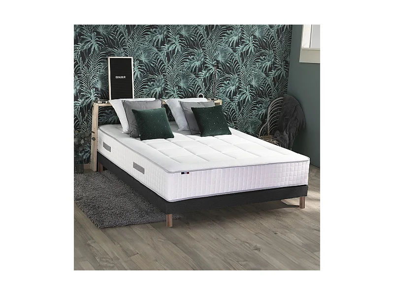 Ensemble matelas Ressort 7 zones + sommier + oreiller + couette - FABRICATION FRANCAISE Dimensions - 160 x 200 cm, Sommier - Noir