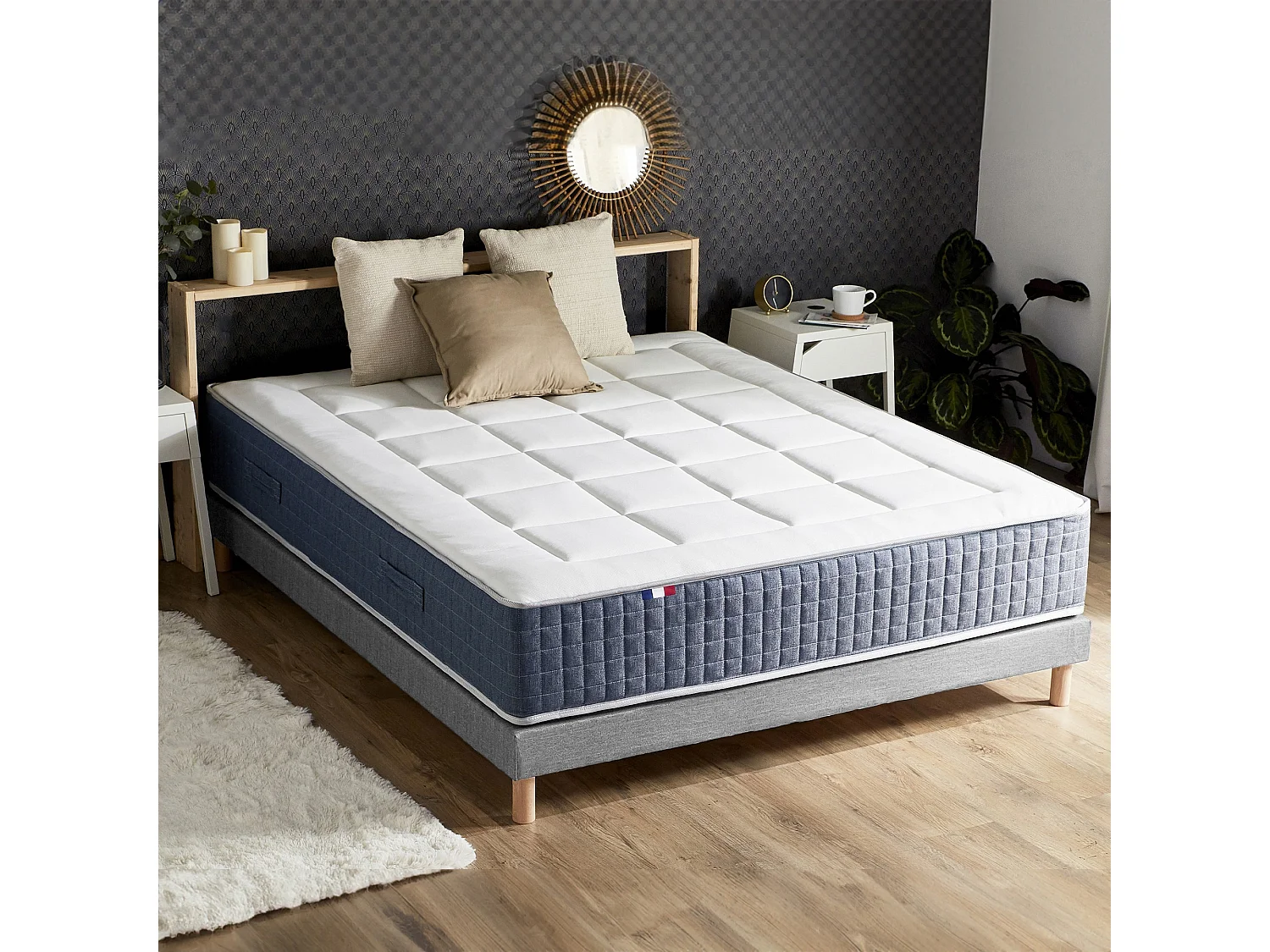 Ensemble Matelas Ressort 7 zones + Mémoire de forme + Sommier KING STYLE Fabriqué en France Dimensions - 160 x 200 cm, Sommier - Gris chiné