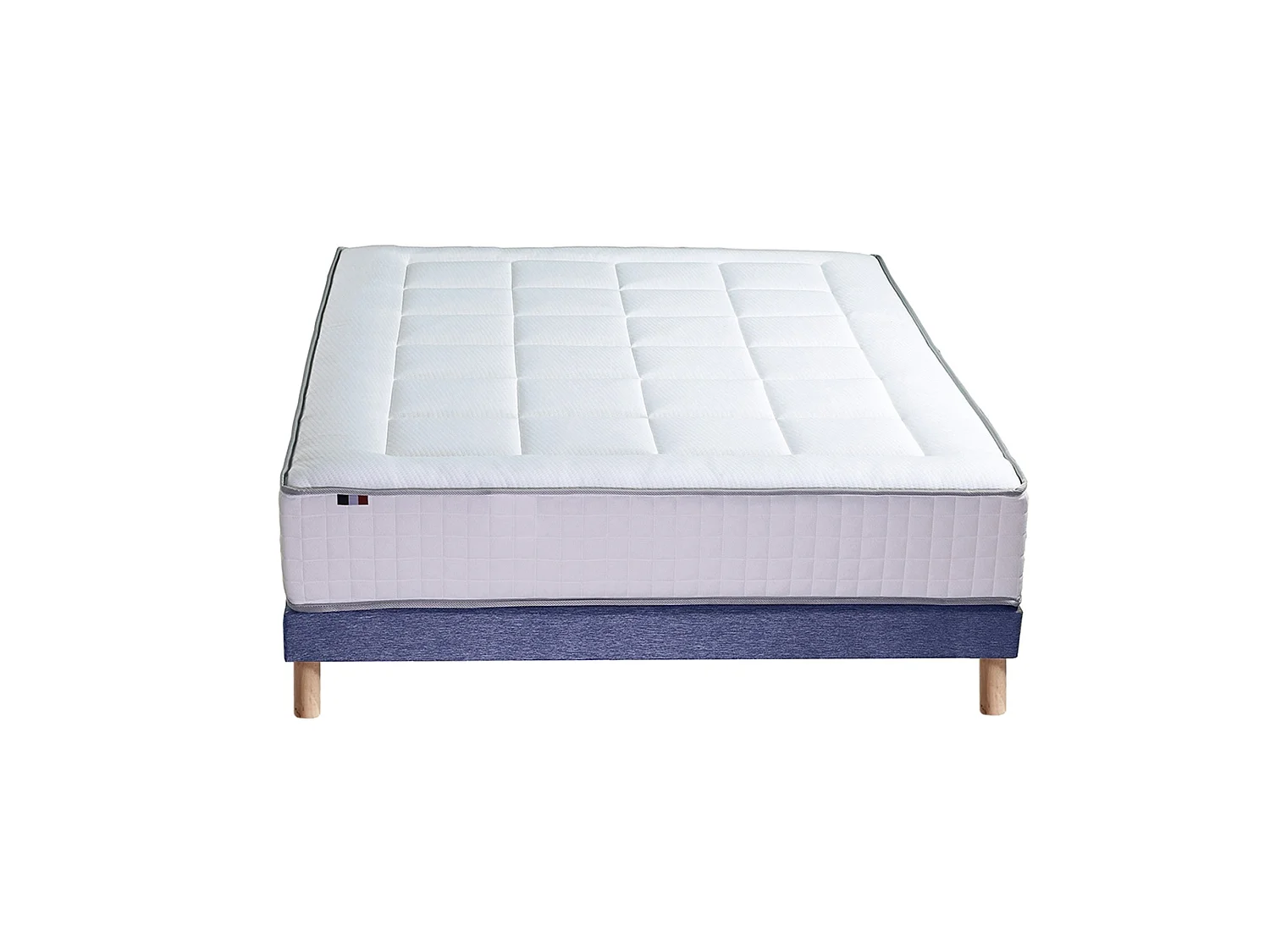 Ensemble matelas Ressort 7 zones + sommier + oreiller + couette - FABRICATION FRANCAISE Dimensions - 160 x 200 cm, Sommier - Bleu denim
