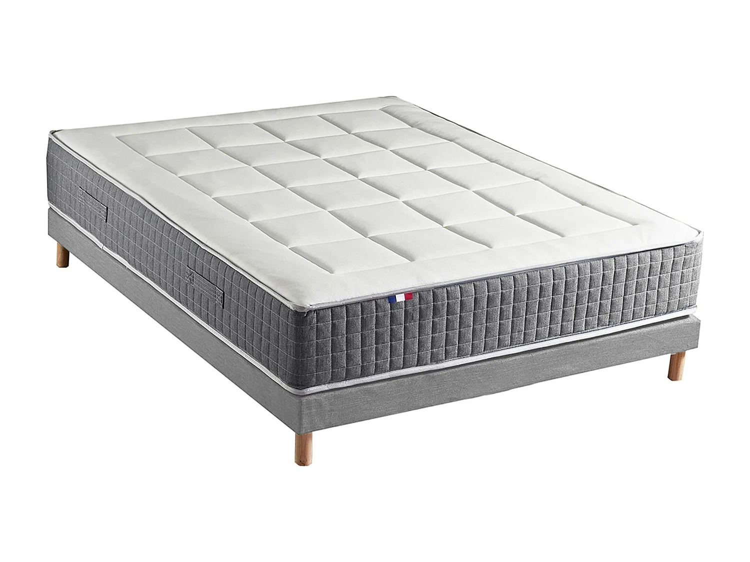 Ensemble Matelas Ressort 7 zones H.28cm + Sommier Fabriqué en France MAX Dimensions - 160 x 200 cm, Sommier - Gris chiné