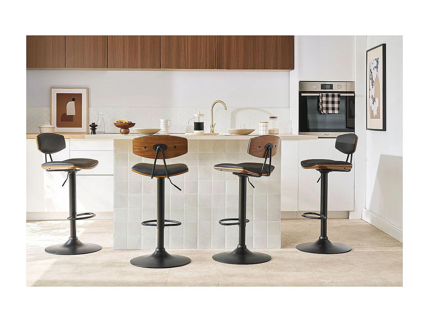 Tabouret de bar design réglable blanc et bois clair VASCO