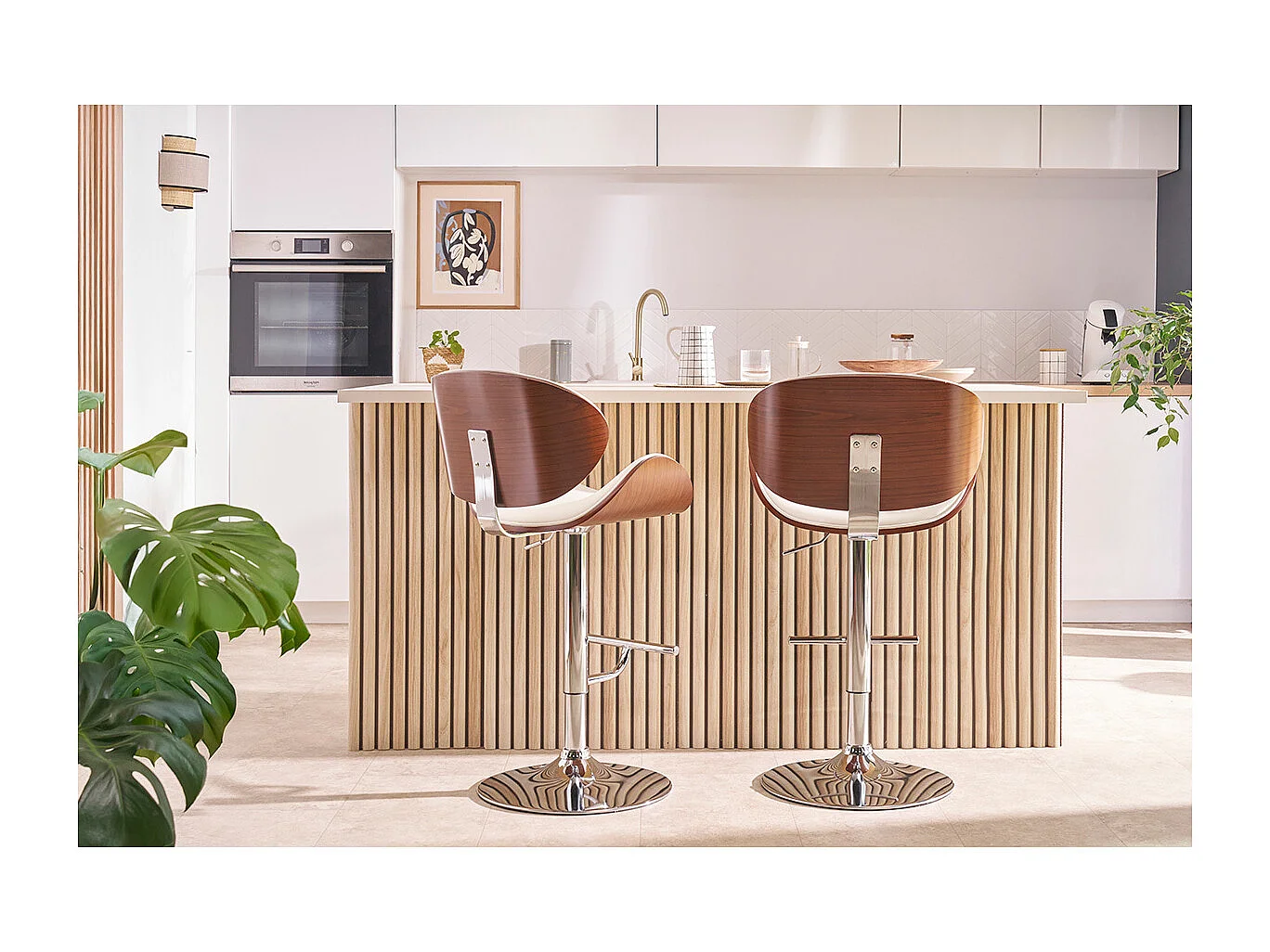 Tabouret de bar design blanc et bois clair WALNUT