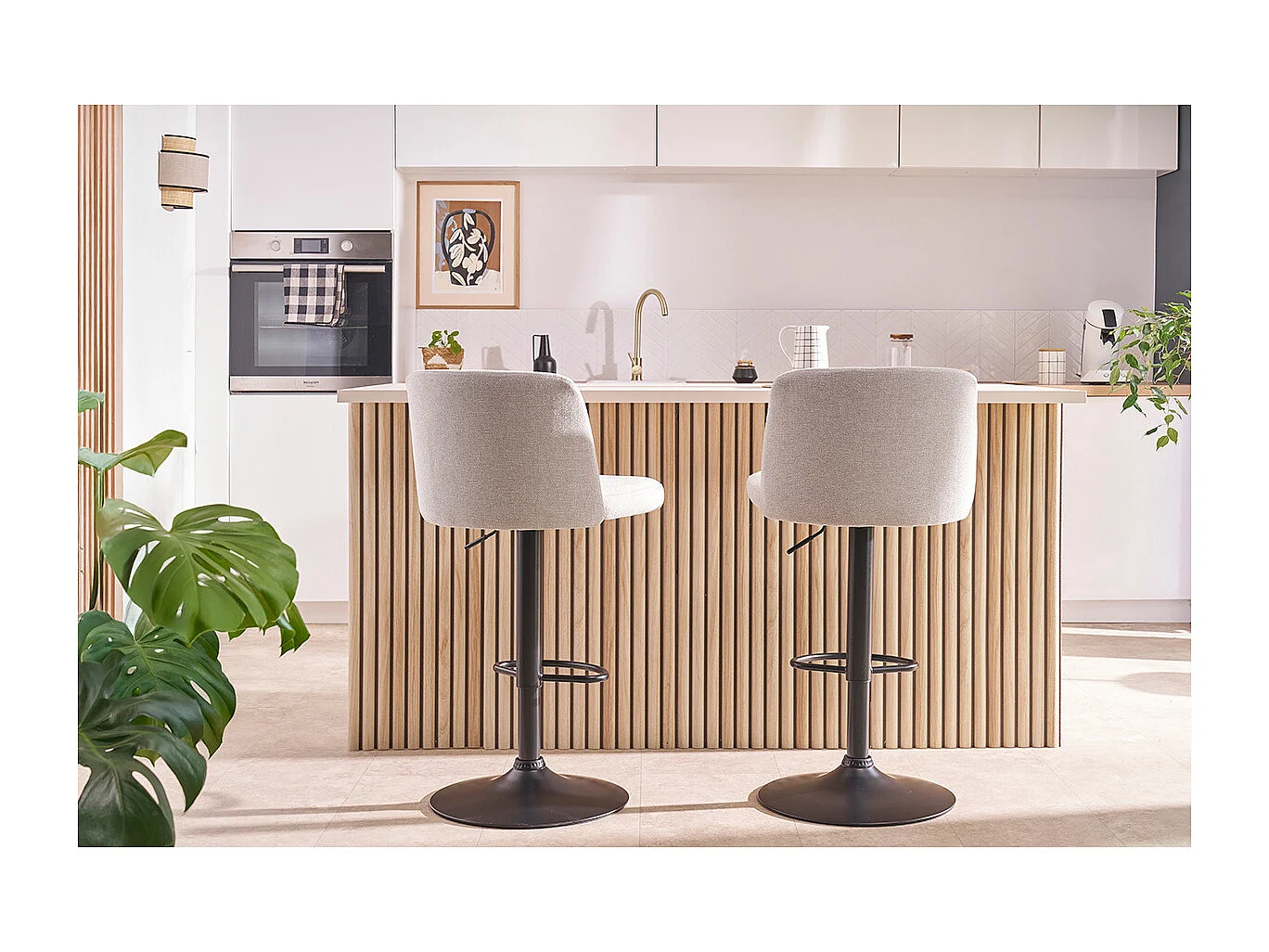 Barhocker höhenverstellbar Stoff mit strukturiertem Samteffekt in Beige und schwarzes Metall (2er-Set) MONTI