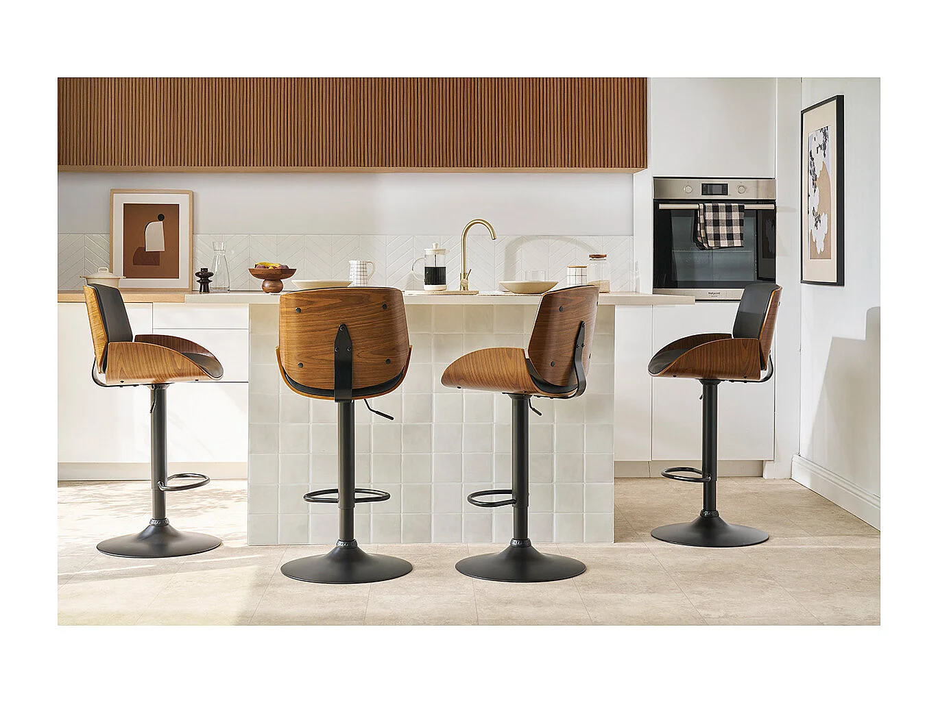 Taburete de cocina regulable blanco y madera clara VESPER