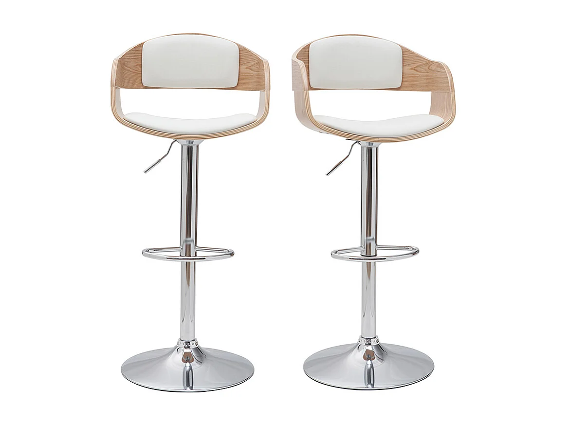 Tabourets de bar design réglables en polyuréthane blanc et bois clair (lot de 2) EUSTACHE