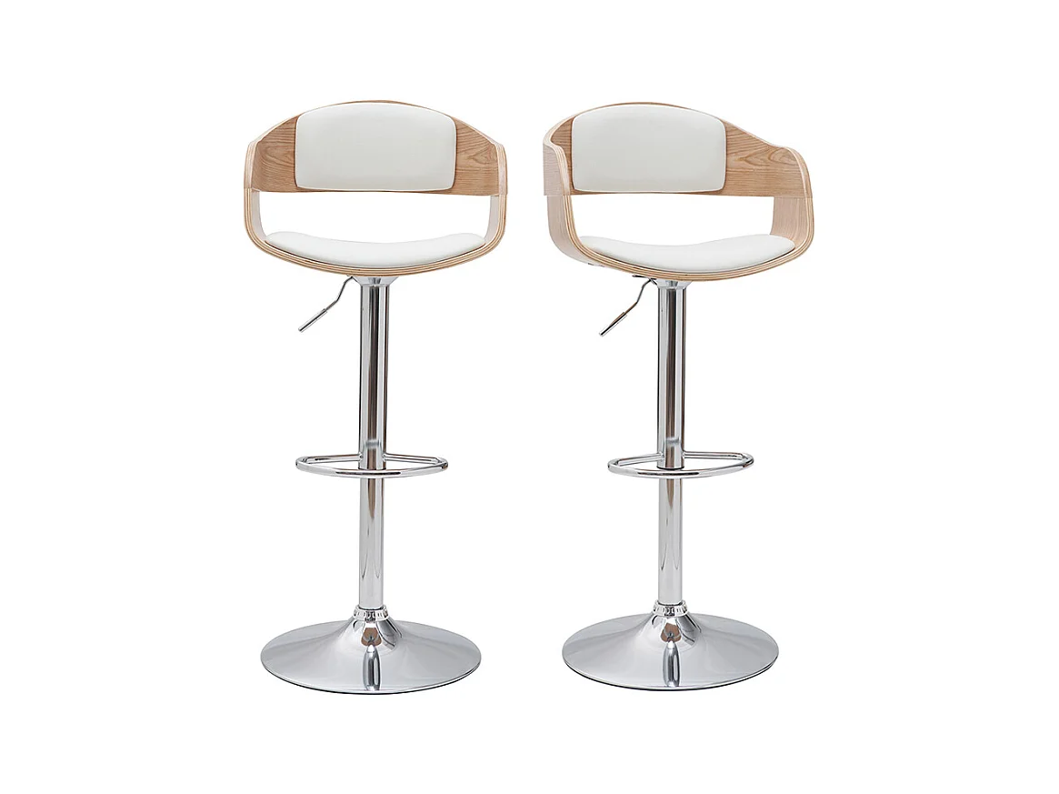 Tabourets de bar design réglables en polyuréthane blanc et bois clair (lot de 2) EUSTACHE