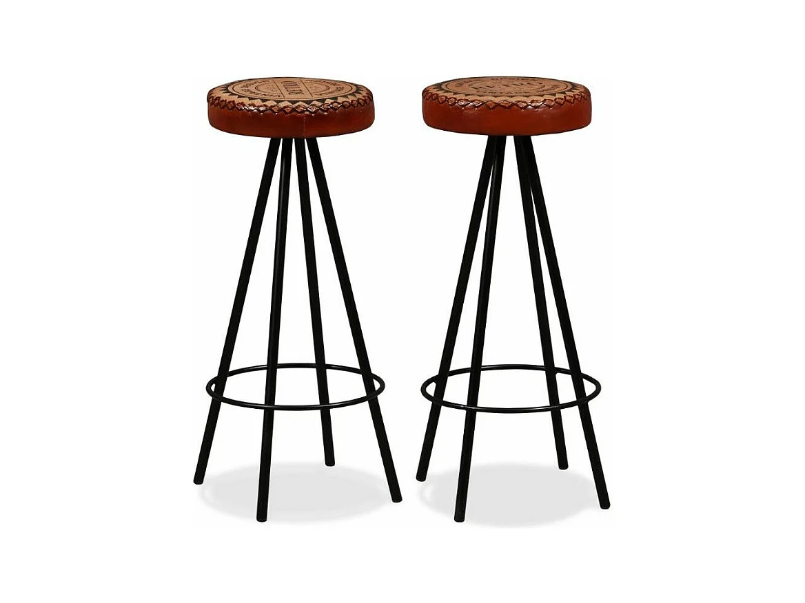 Tabouret cuir marron imprimé et pieds métal noir Eal - Lot de 2