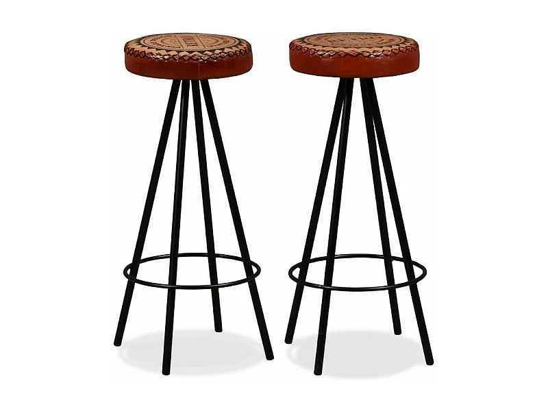 Tabouret cuir marron imprimé et pieds métal noir Eal - Lot de 2