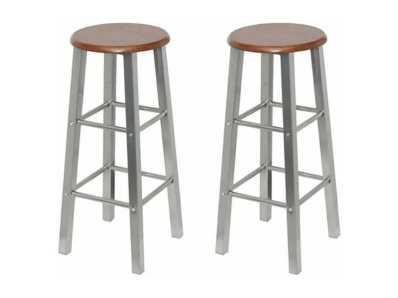 Tabouret de bar rond bois marron et métal gris Luis - Lot de 2