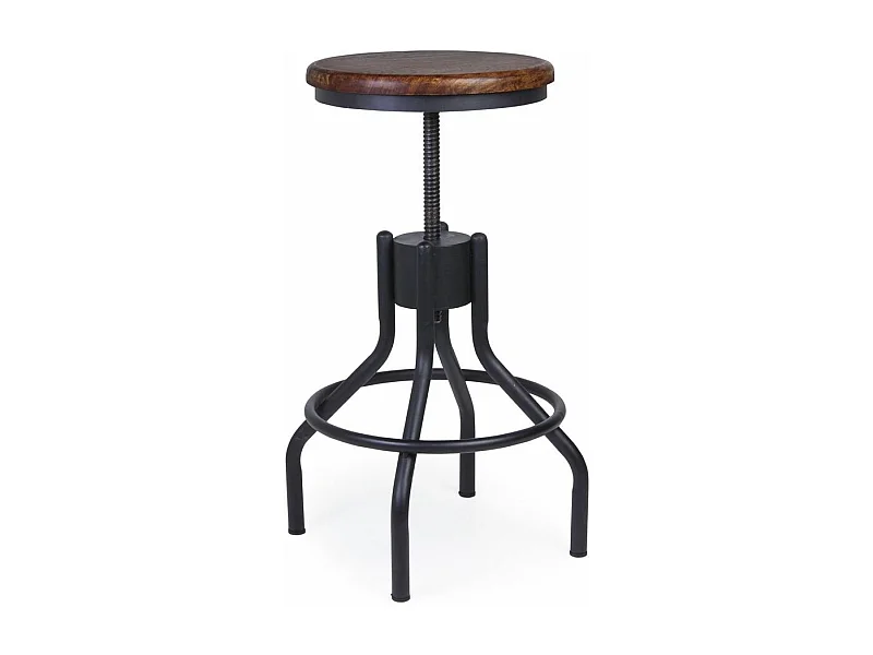 Tabouret rond industrielle hauteur réglable fer noir et bois de manguier marron Kouba