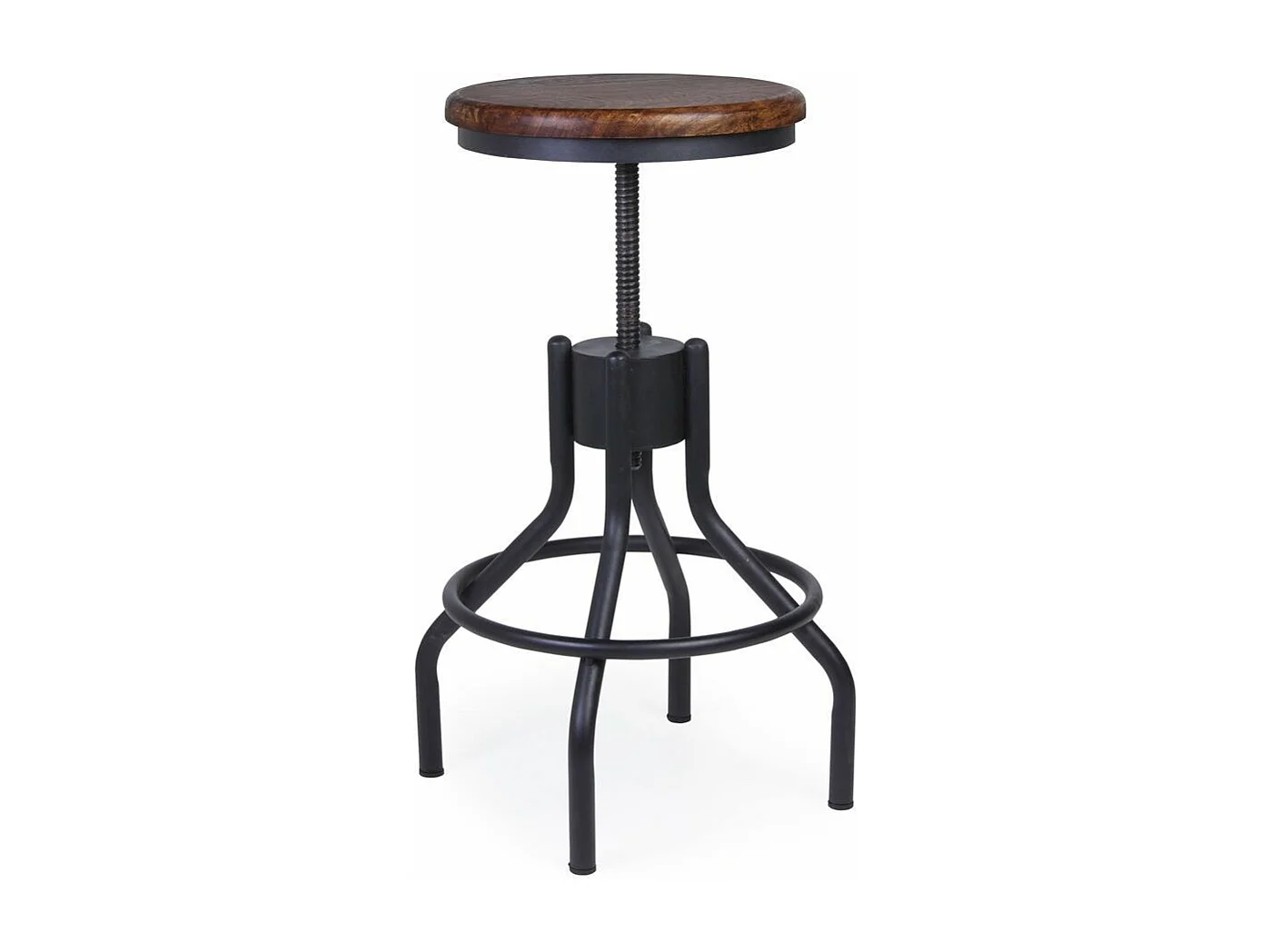 Tabouret rond industrielle hauteur réglable fer noir et bois de manguier marron Kouba