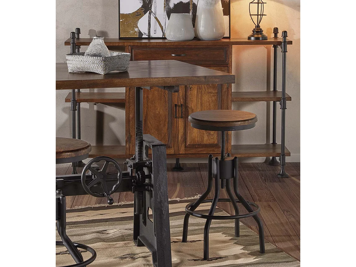 Tabouret rond industrielle hauteur réglable fer noir et bois de manguier marron Kouba