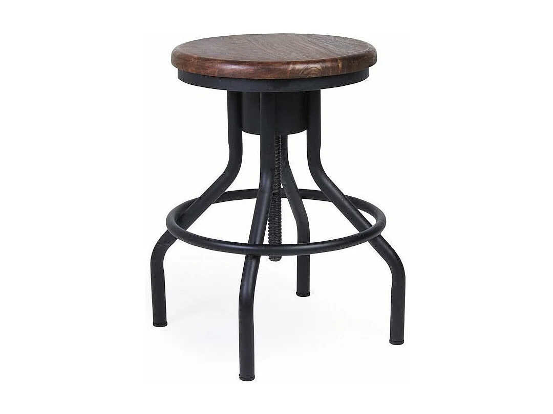 Tabouret rond industrielle hauteur réglable fer noir et bois de manguier marron Kouba