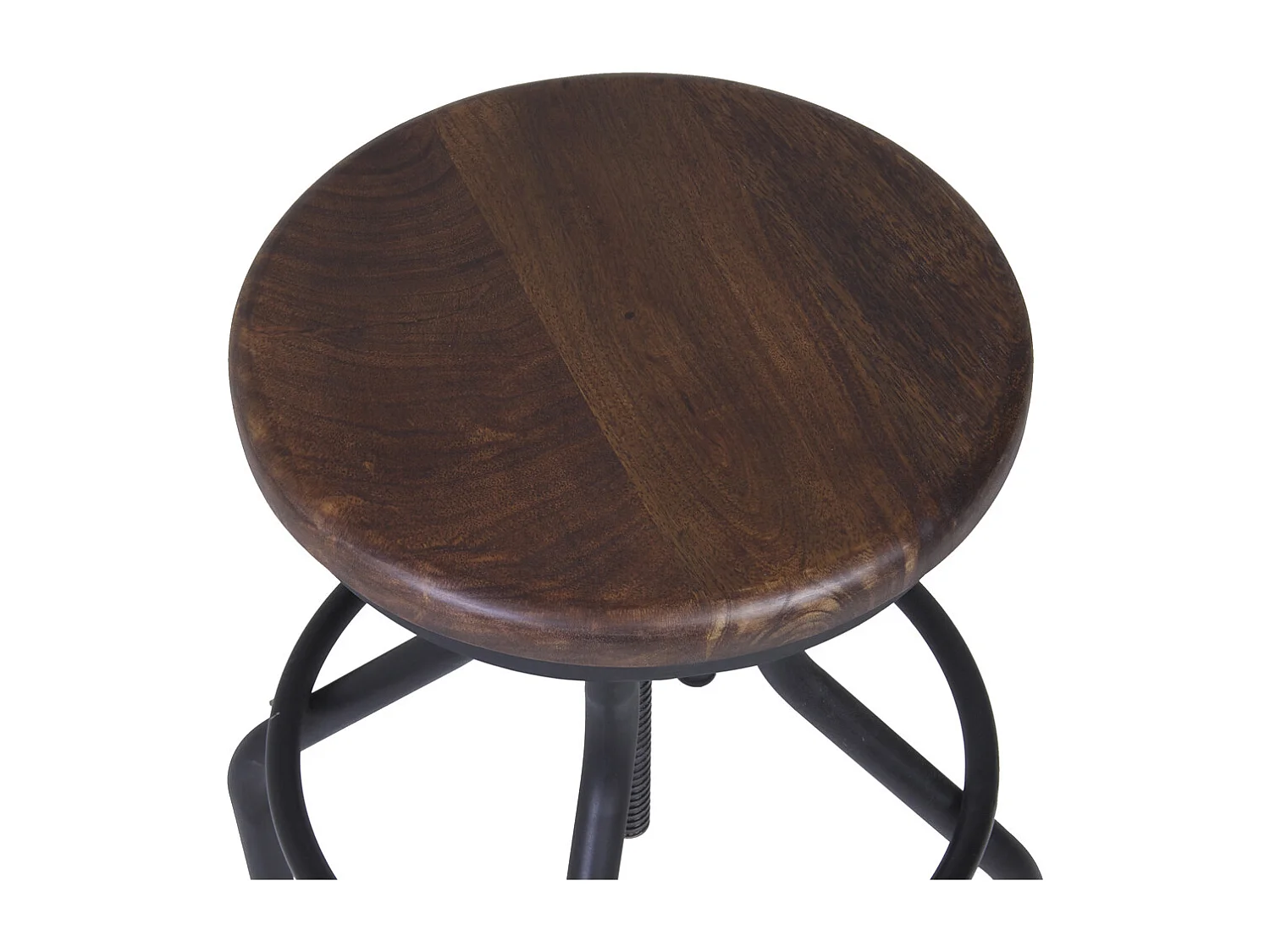 Tabouret rond industrielle hauteur réglable fer noir et bois de manguier marron Kouba