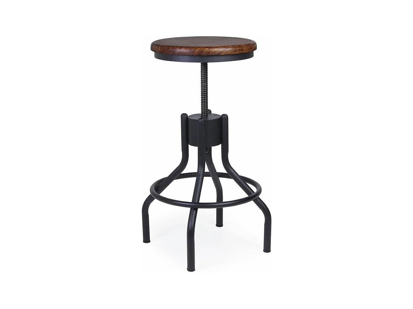 Tabouret rond industrielle hauteur réglable fer noir et bois de manguier marron Kouba