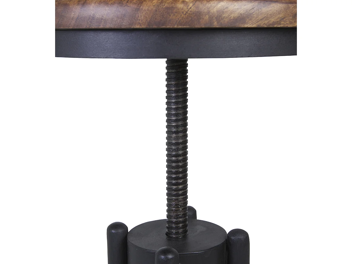 Tabouret rond industrielle hauteur réglable fer noir et bois de manguier marron Kouba
