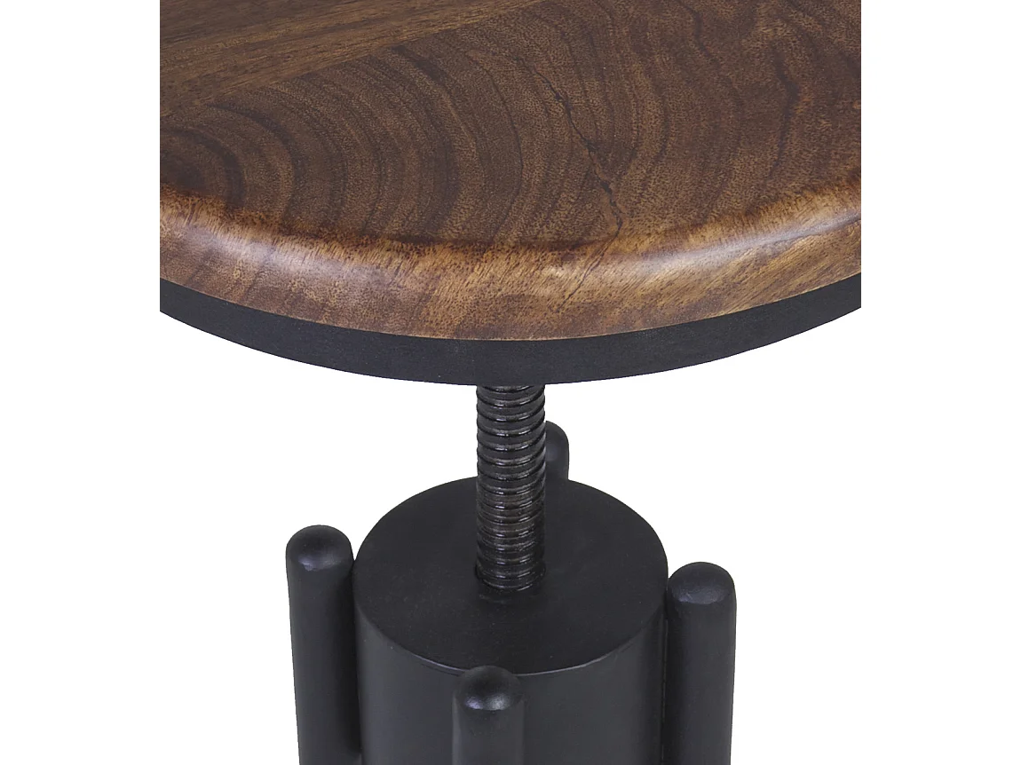 Tabouret rond industrielle hauteur réglable fer noir et bois de manguier marron Kouba