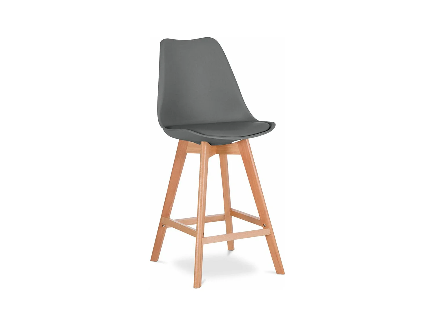 Tabouret haut nordique coussin simili cuir gris foncé et pieds hêtre clair Tula 76cm